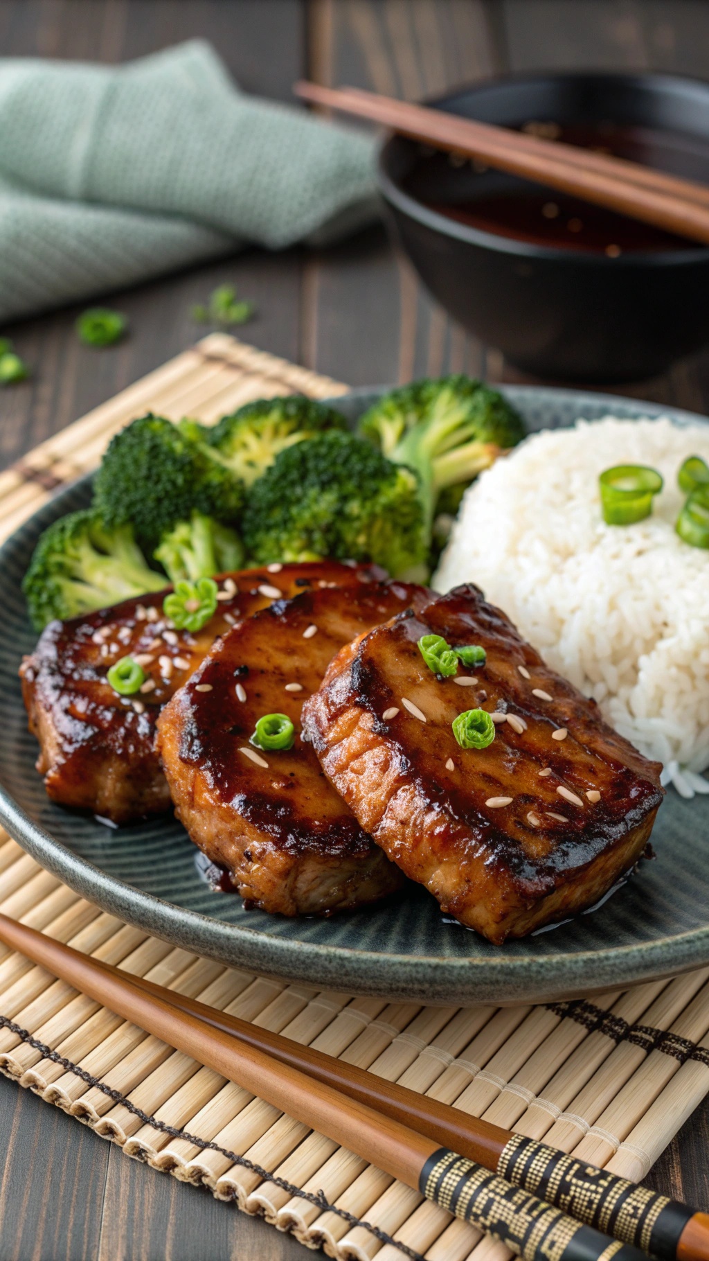 A plate of teriyaki glazed pork chops with broccoli and rice, garnished with green onions and sesame seeds.