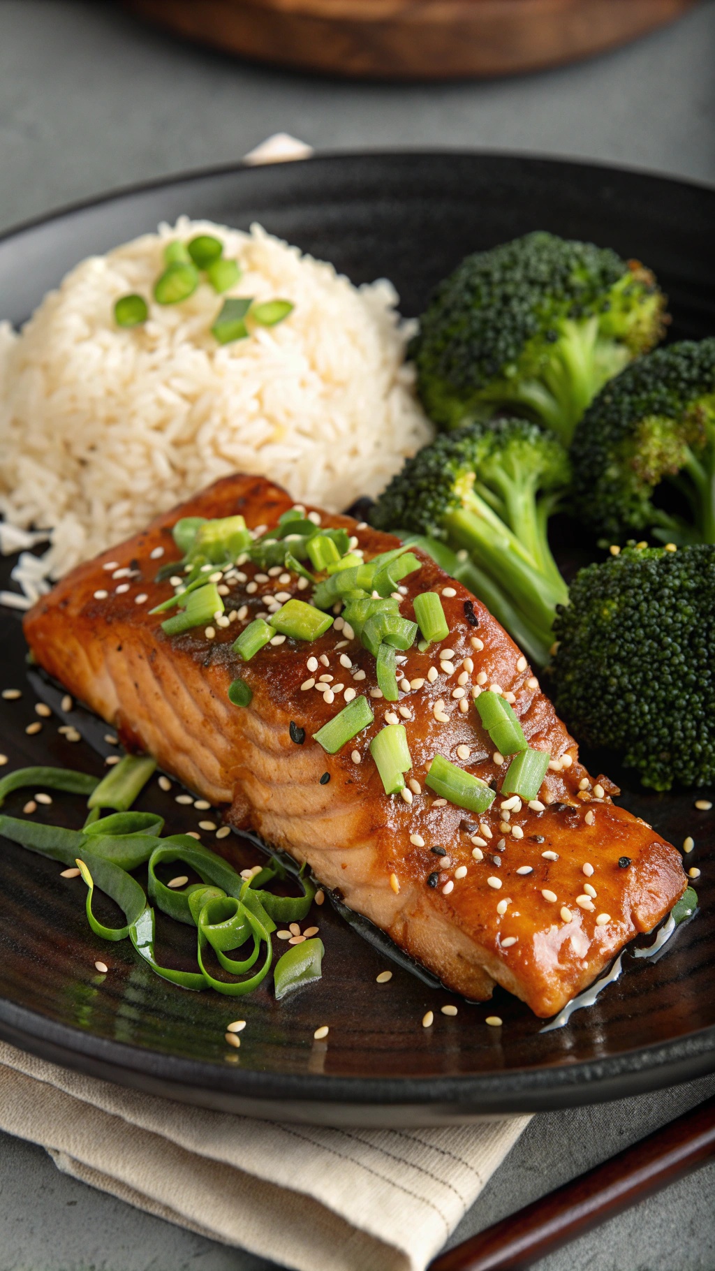 A plate of teriyaki glazed salmon with rice and broccoli