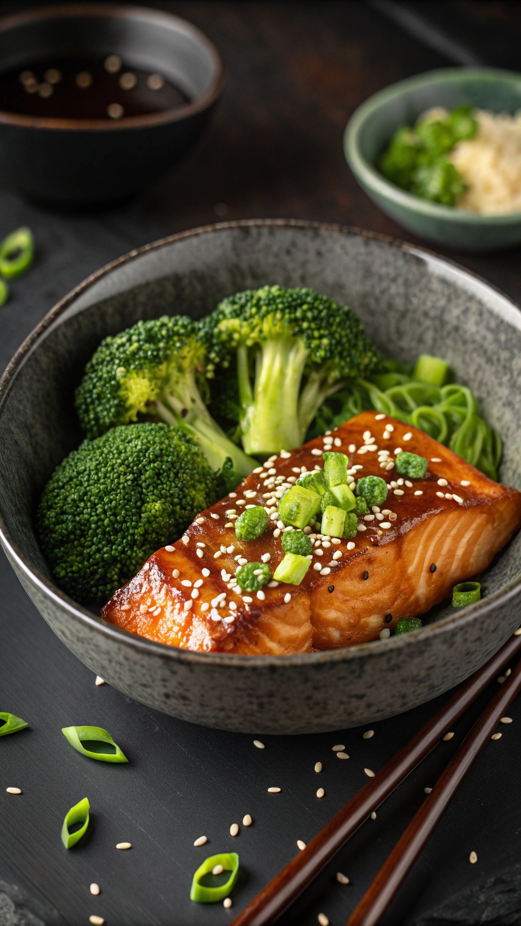 A bowl of teriyaki glazed salmon with broccoli and sesame seeds, garnished with green onions.