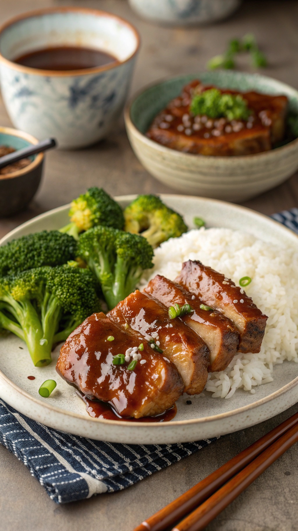Teriyaki pork chops served with rice and broccoli