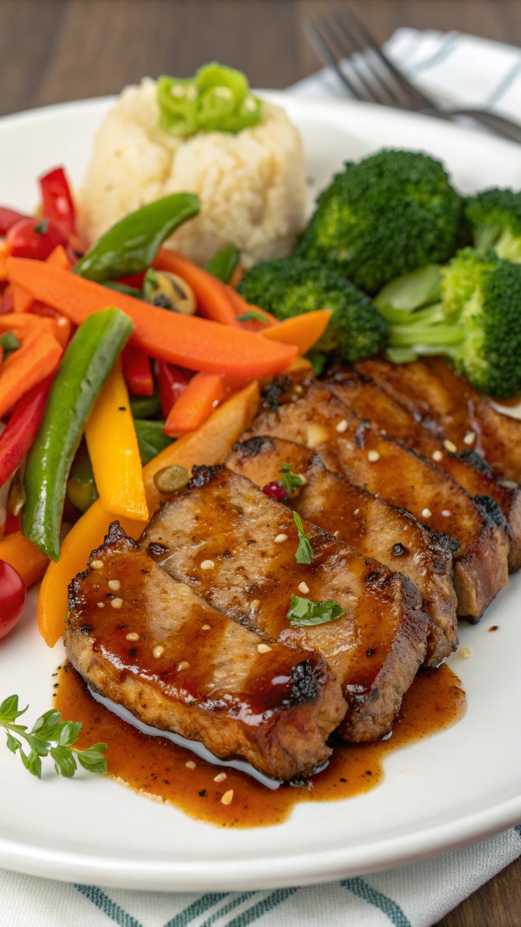 Teriyaki pork chops served with colorful steamed vegetables