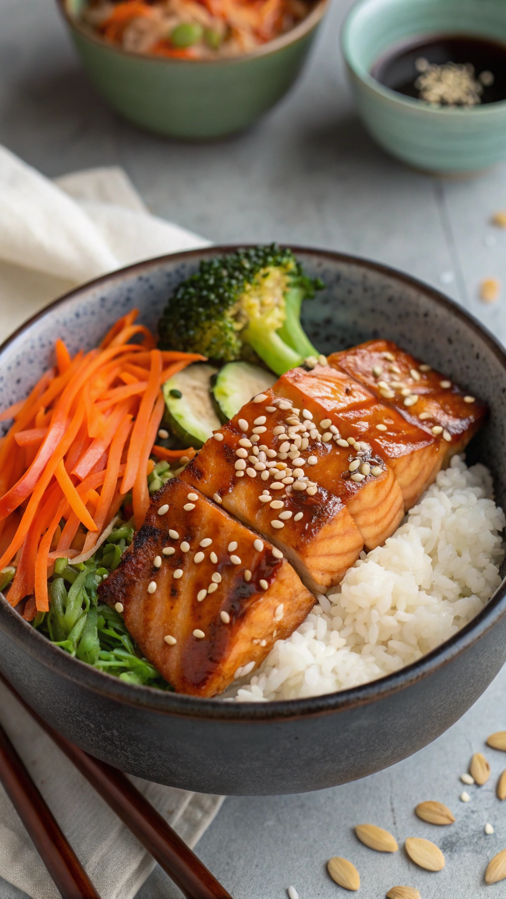 A delicious teriyaki salmon bowl with salmon, rice, broccoli, carrots, and sesame seeds.