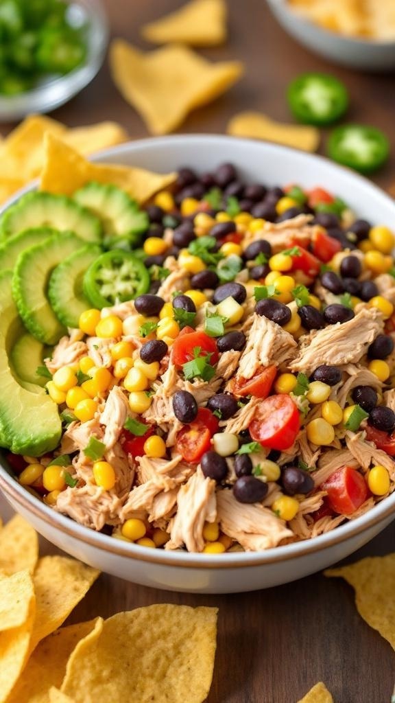 A bowl of Tex-Mex chicken salad with black beans, corn, tomatoes, and avocado, served with tortilla chips.