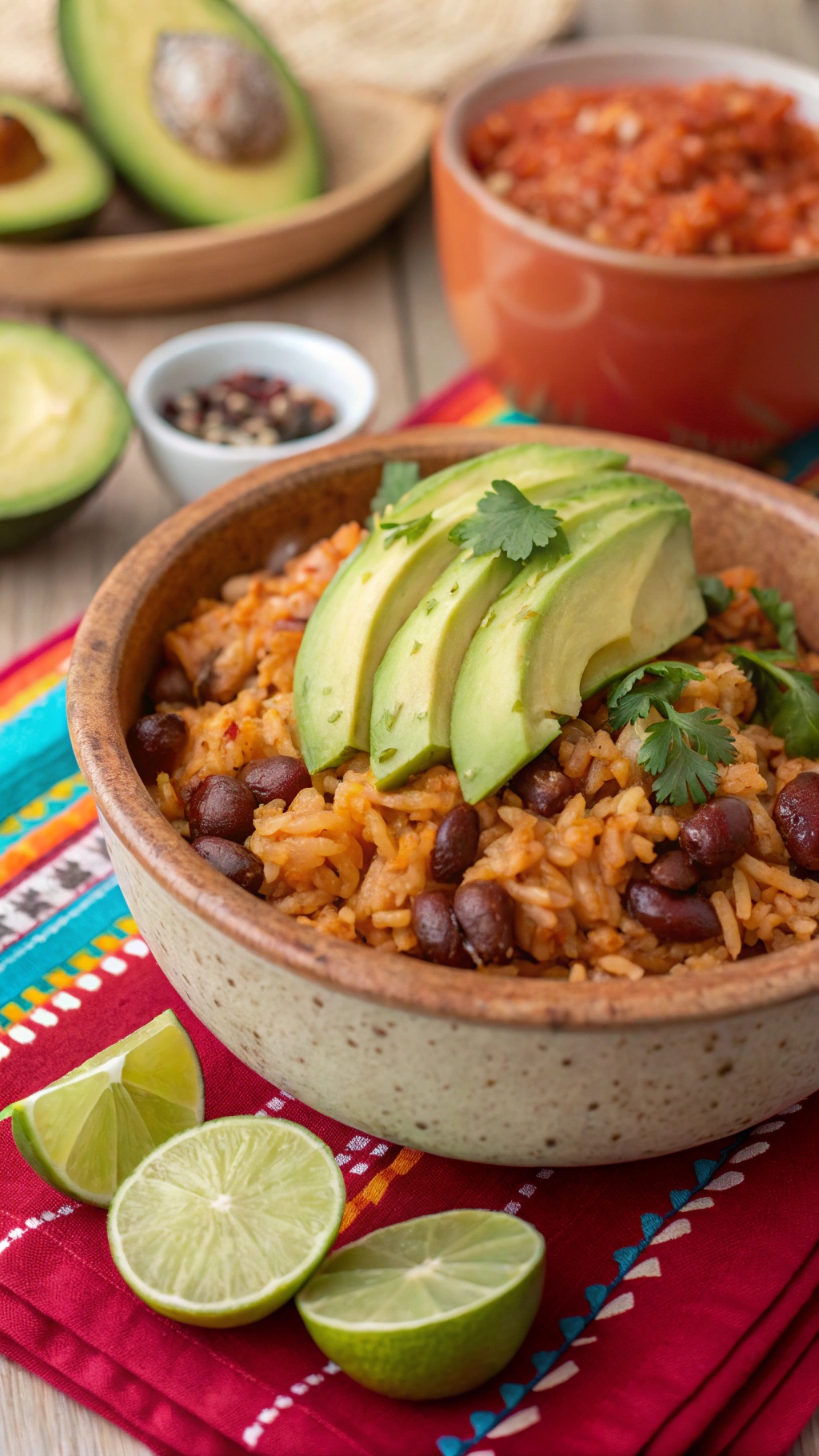 A bowl of Tex-Mex rice and beans topped with avocado slices, cilantro, and lime wedges on a colorful tablecloth.