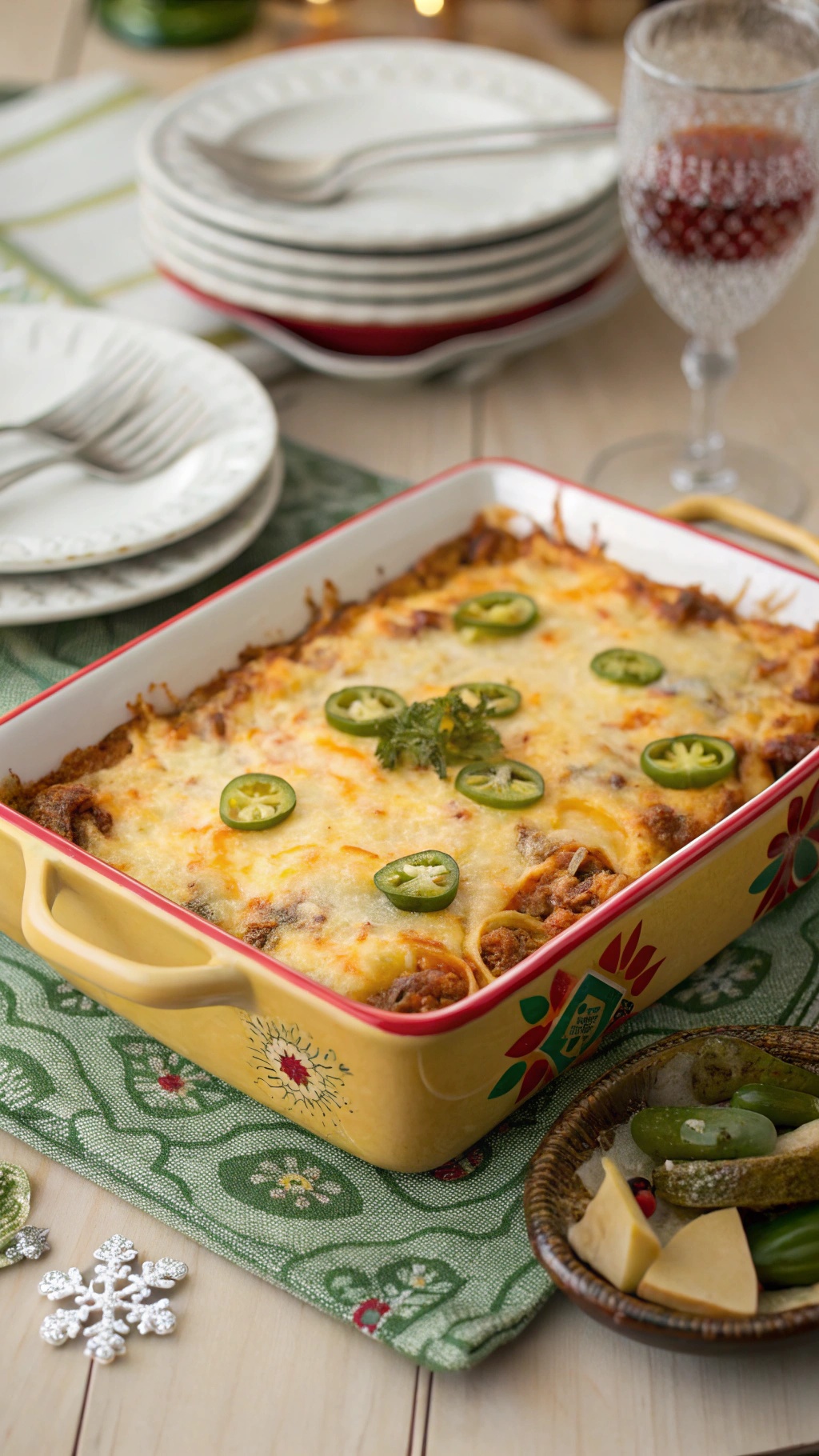 A delicious Tex-Mex spaghetti squash casserole topped with cheese and jalapeños, served in a colorful baking dish.