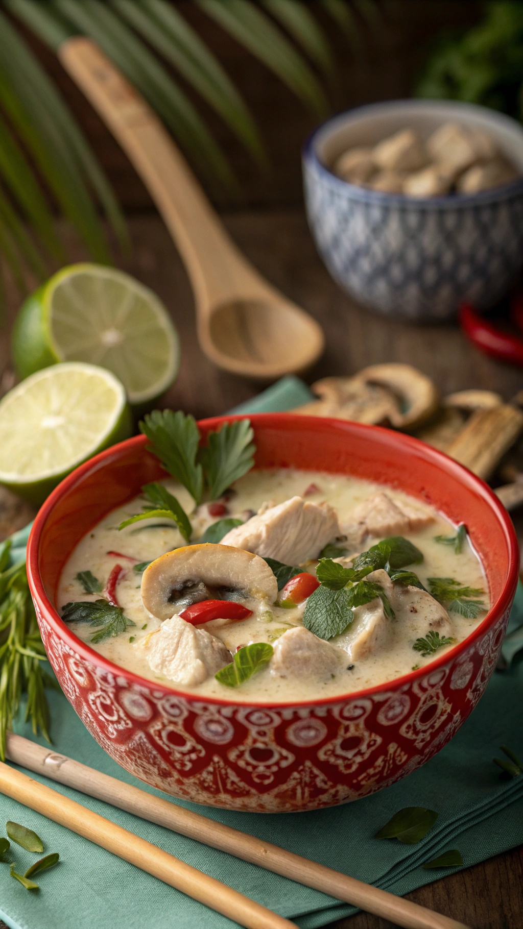 A bowl of Thai Coconut Soup garnished with herbs and lime, surrounded by fresh ingredients.