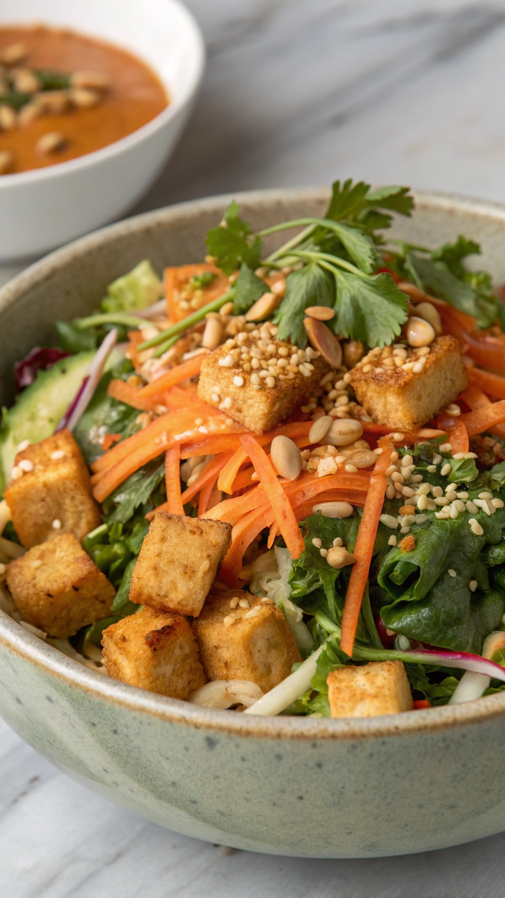 A vibrant Thai tofu salad with crispy tofu, colorful vegetables, and peanut dressing.