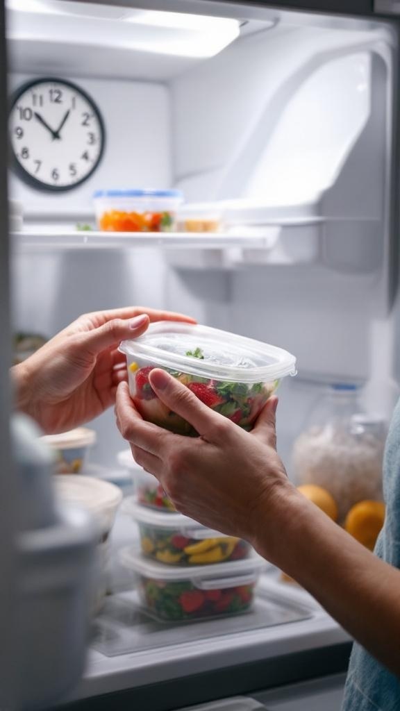A person holding a container of salad in a refrigerator, with other meal prep containers visible.