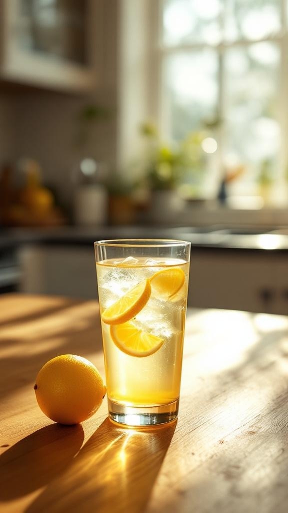 A glass of lemon water with ice and lemon slices, alongside a whole lemon on a wooden table.