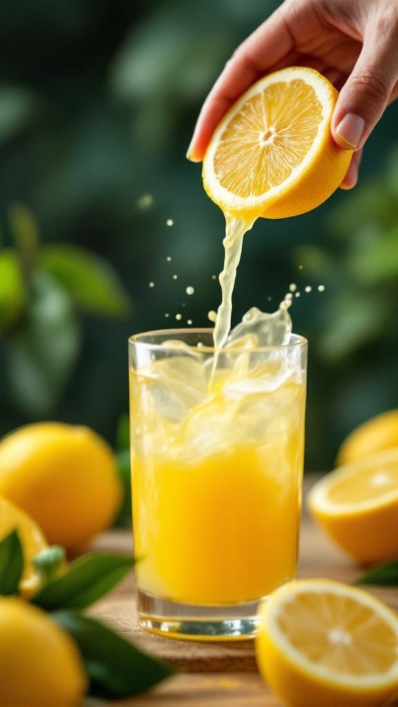 A hand squeezing a lemon over a glass of lemon juice, with fresh lemons surrounding the glass.