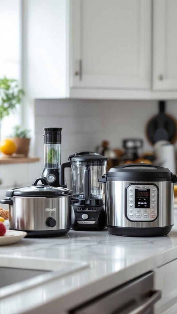 A kitchen countertop featuring a slow cooker, a blender, and an electric pressure cooker.