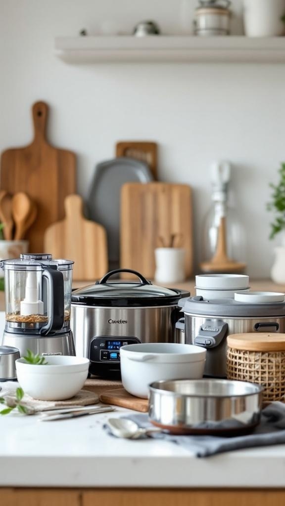 A well-organized kitchen with a food processor, slow cooker, mixing bowls, and utensils for meal prep.