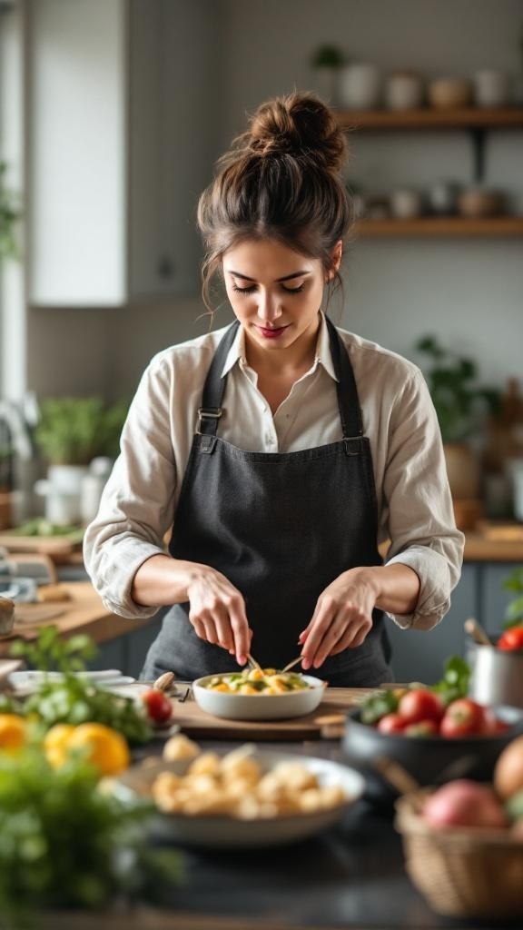 A person preparing a meal in a kitchen, surrounded by fresh ingredients.