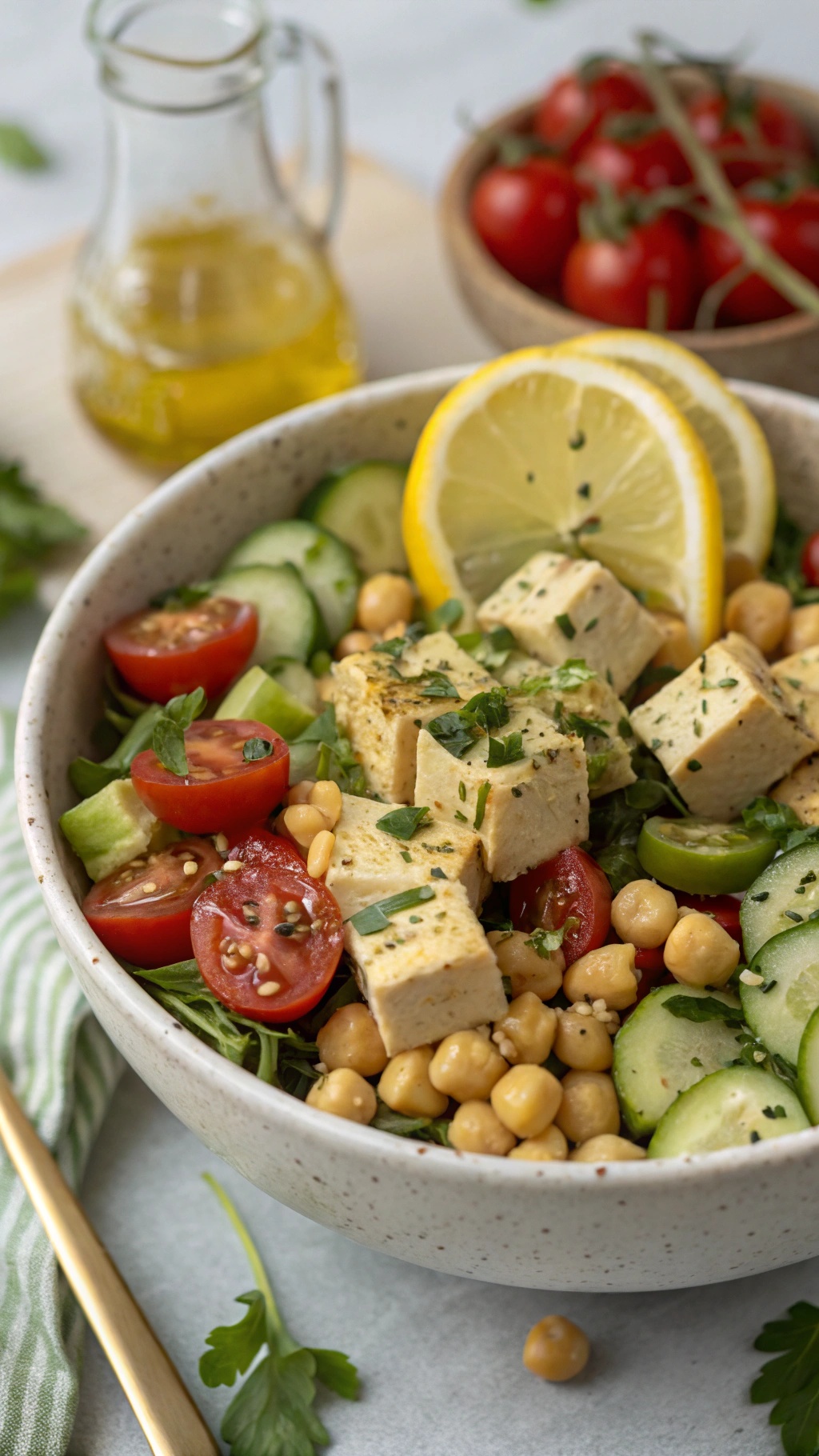 A colorful tofu and chickpea salad with lemon dressing, featuring fresh vegetables and herbs.