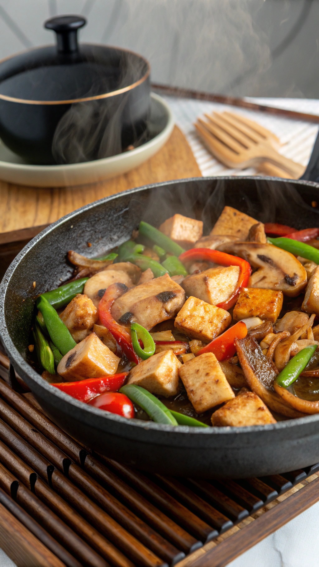 A delicious tofu and mushroom stir-fry with colorful vegetables in a skillet.