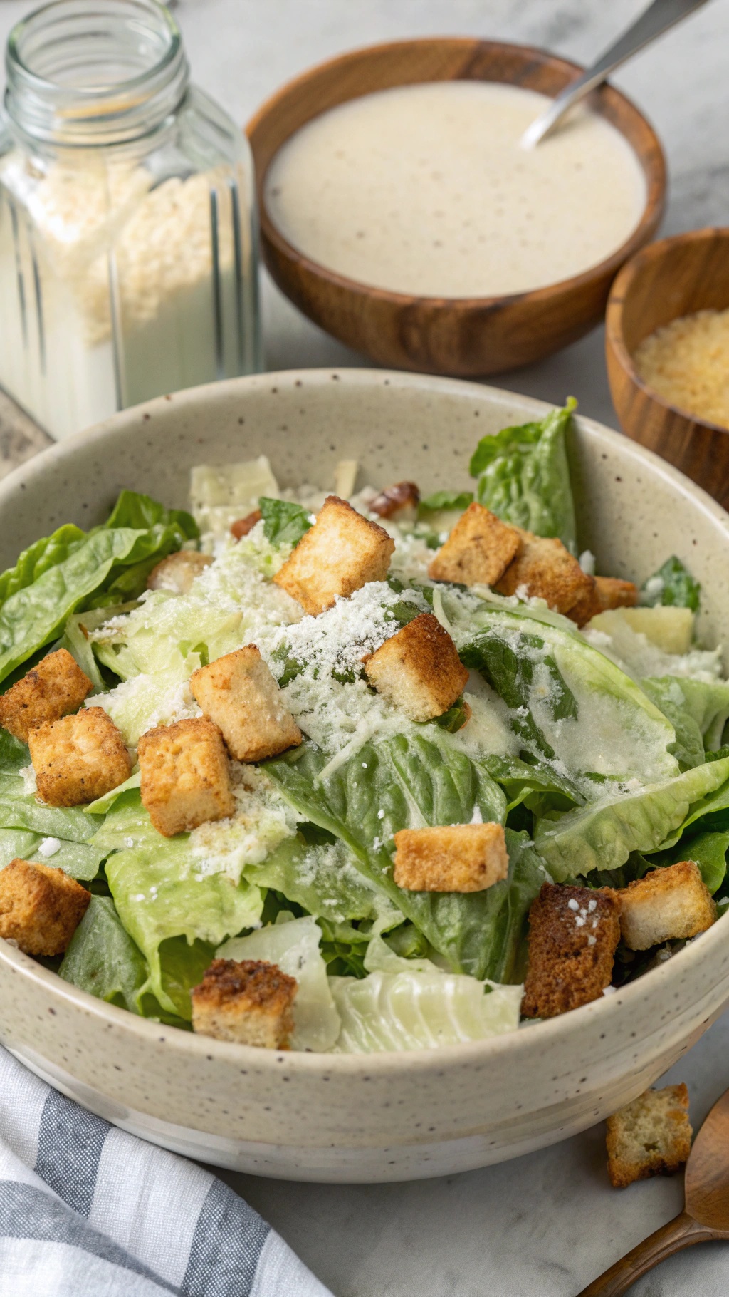 A bowl of Tofu Caesar Salad with crunchy croutons and Caesar dressing on the side.