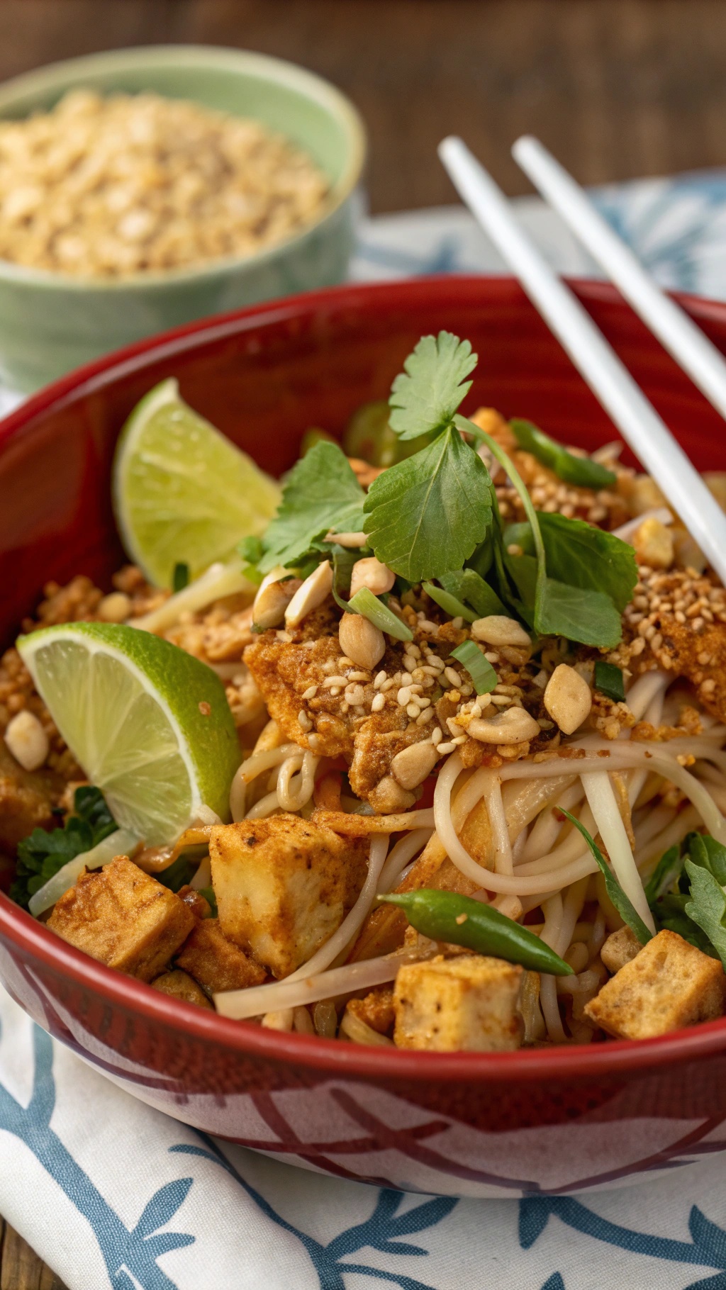 A bowl of Tofu Pad Thai with crunchy peanuts, lime wedges, and fresh cilantro.