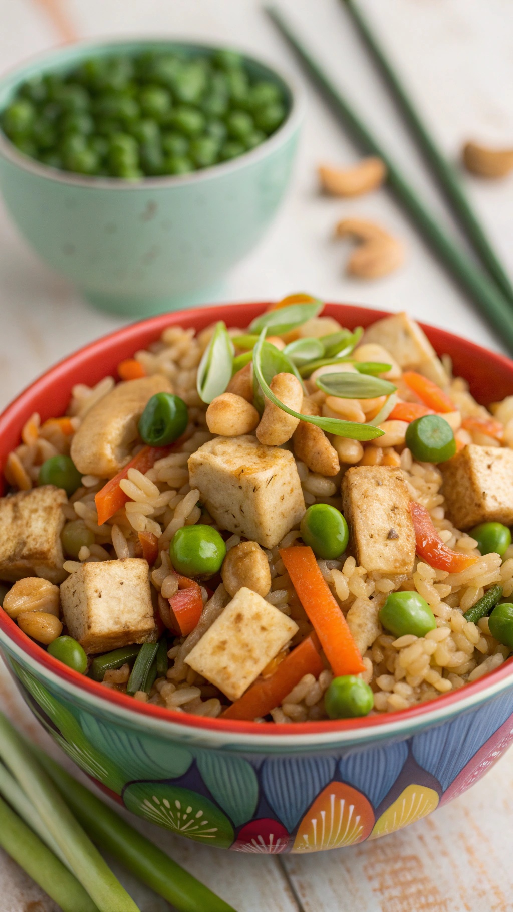 A colorful bowl of tofu stir-fried rice with cashews, featuring green peas, red bell peppers, and green onions.