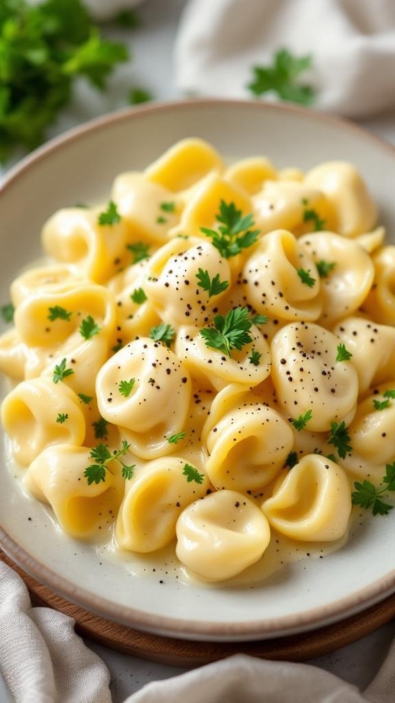 A bowl of tortellini alfredo topped with parsley and black pepper.