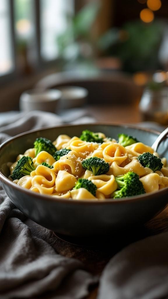 A bowl of tortellini alfredo with broccoli, showcasing creamy pasta and vibrant green vegetables.