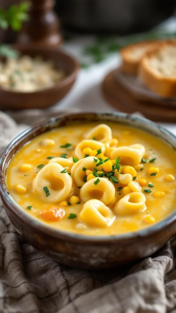 A bowl of tortellini and corn chowder garnished with herbs, served with slices of bread.