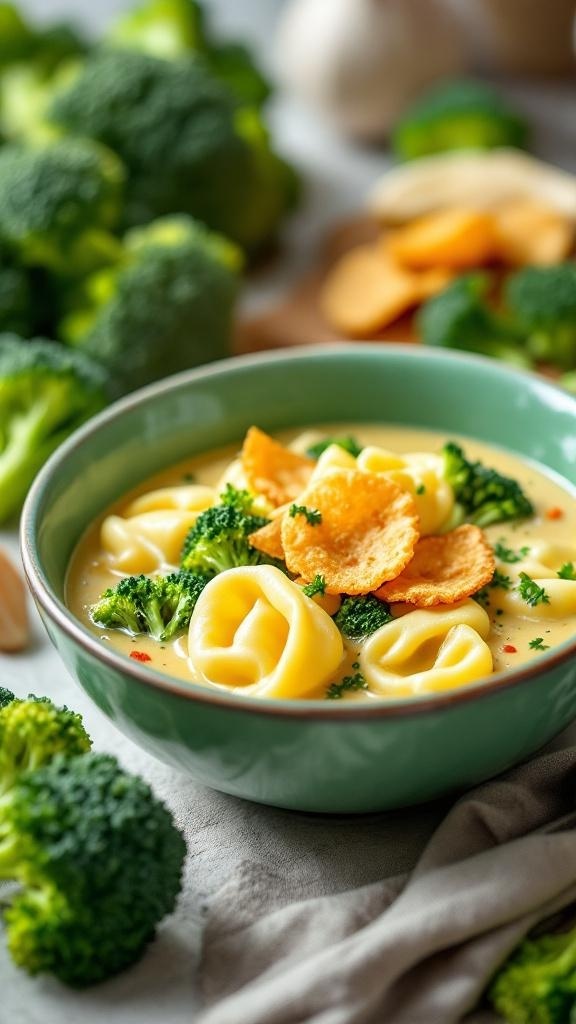 A bowl of tortellini soup with broccoli and garlic, topped with crispy chips.
