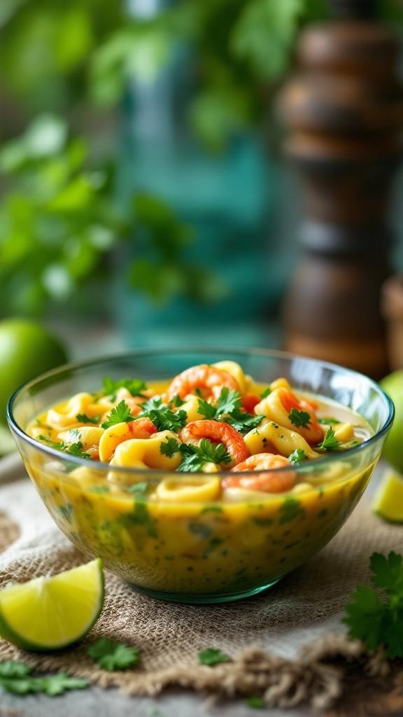A bowl of tortellini soup with shrimp and lemongrass, garnished with cilantro and lime wedges.