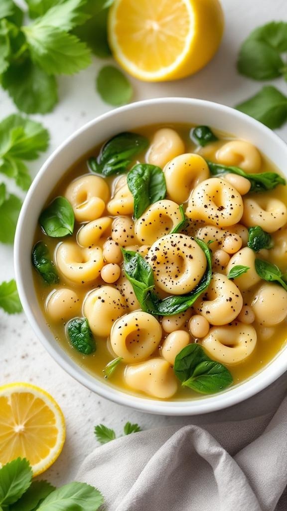 A bowl of tortellini soup with white beans and spinach, garnished with fresh herbs and lemon slices.