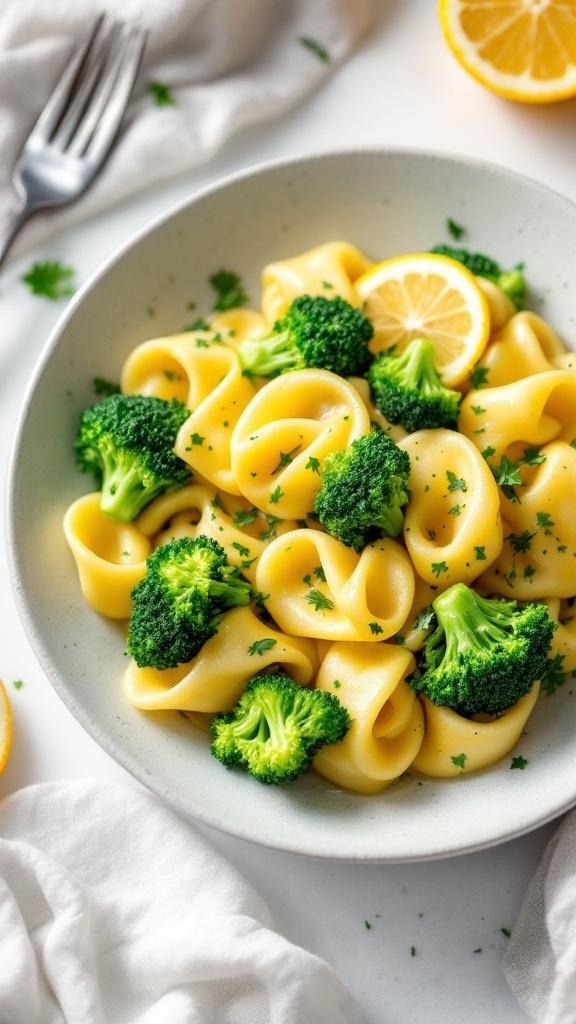 A bowl of tortellini with broccoli and lemon, garnished with parsley.
