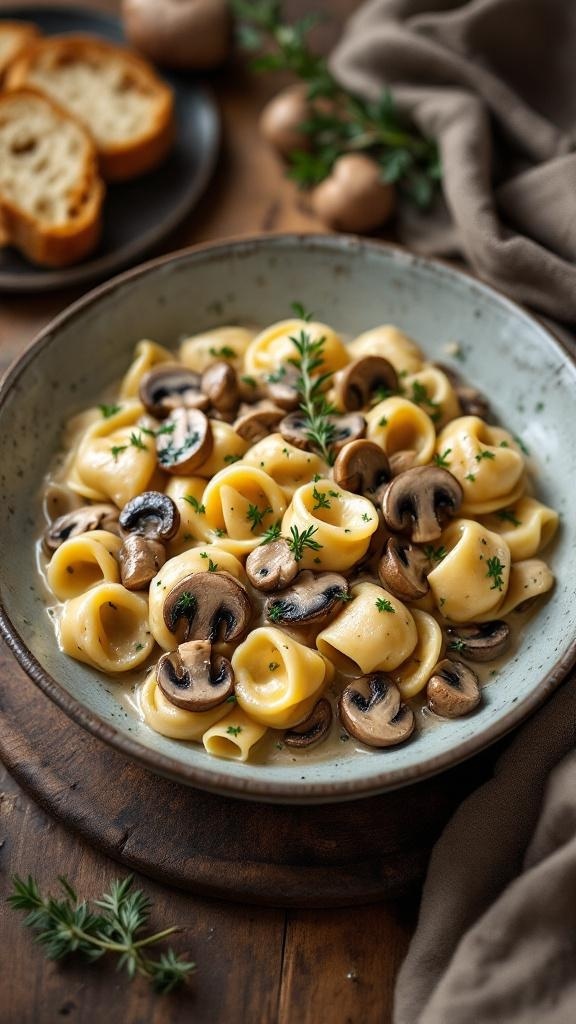 A bowl of tortellini with creamy mushroom sauce, garnished with thyme, alongside slices of bread.