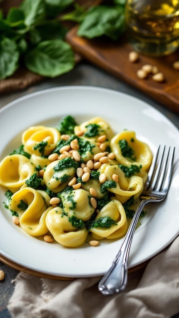 A plate of tortellini with creamy spinach sauce, topped with pine nuts.