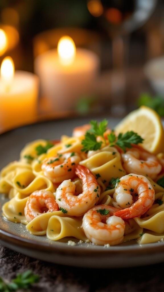 A plate of tortellini with shrimp in garlic butter, garnished with parsley and lemon, set against a cozy candlelit background.