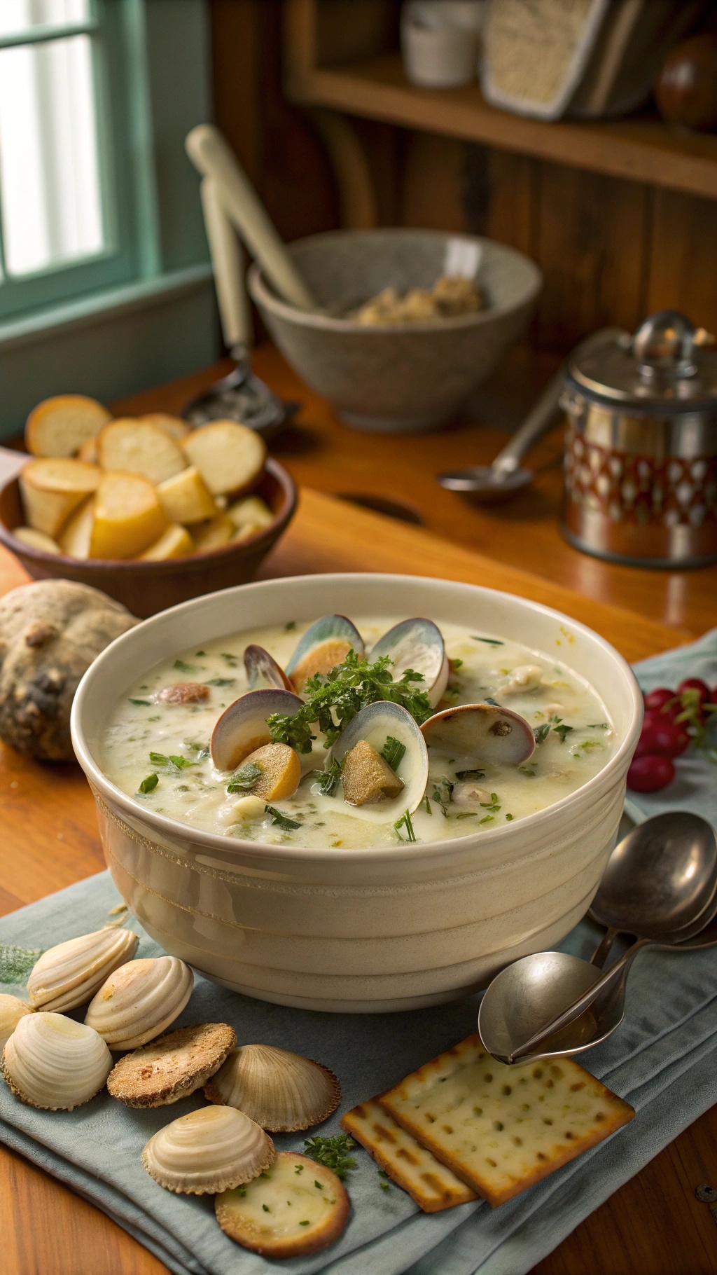 A bowl of traditional clam chowder with clams and herbs, served with crackers and potatoes in the background.