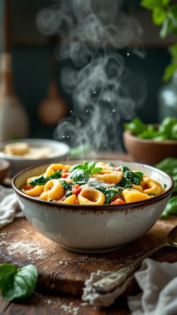 A bowl of traditional tortellini soup with spinach and Parmesan, steaming and inviting.