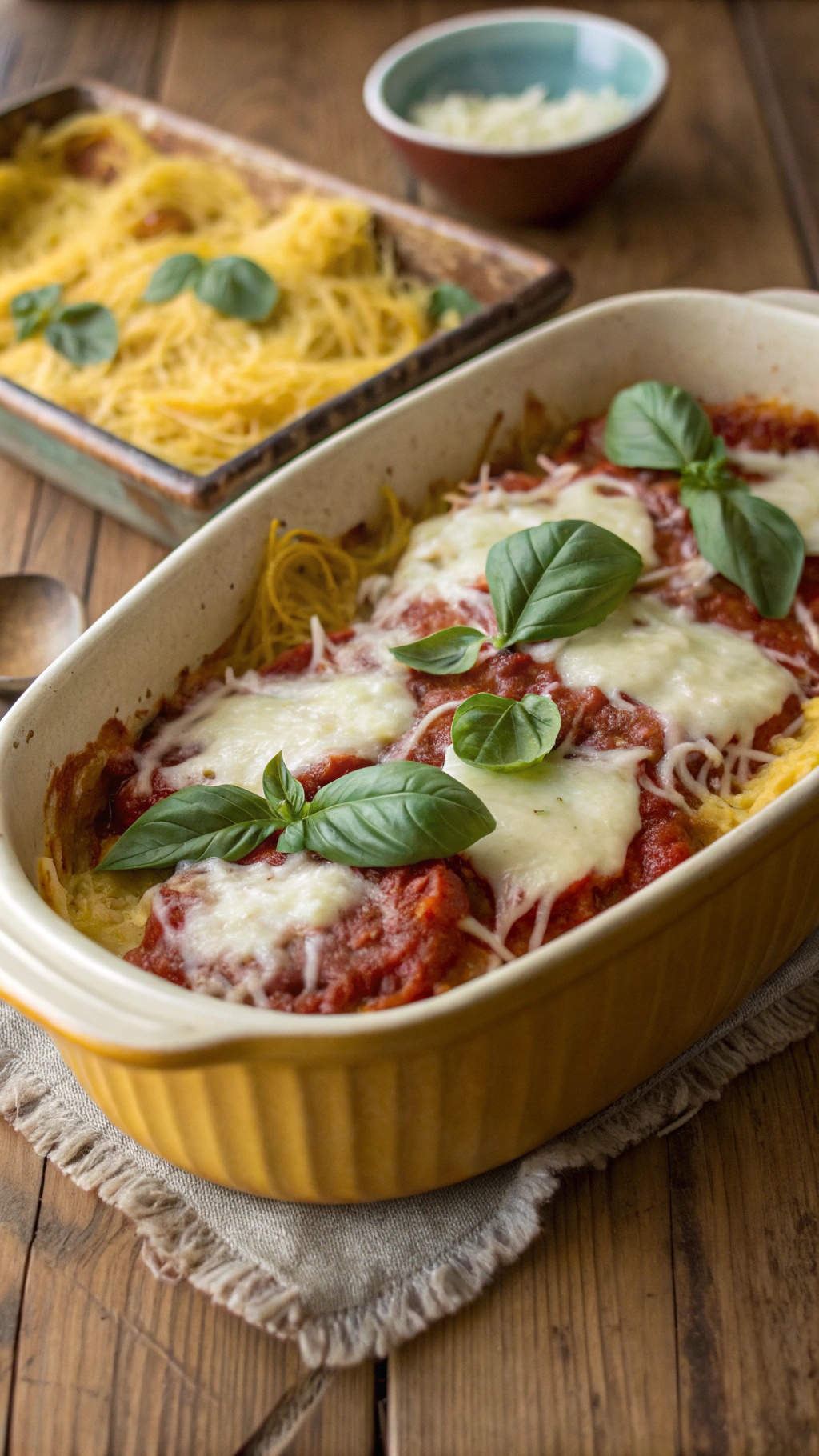 A baked spaghetti squash dish topped with marinara sauce and cheese, garnished with fresh basil.