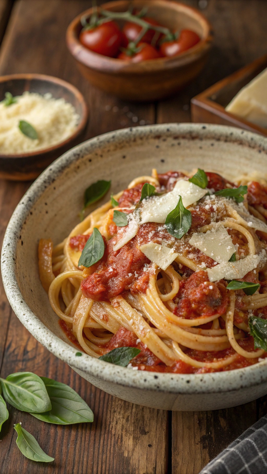 A bowl of creamy tomato basil pasta topped with fresh basil and cheese, served on a rustic wooden table.