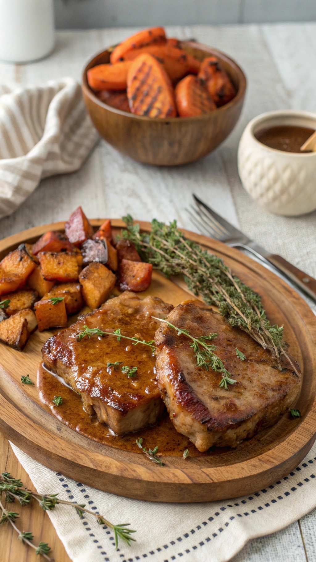Maple-glazed pork chops with roasted vegetables on a wooden plate.