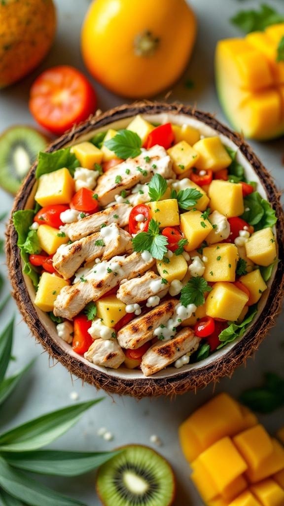 A colorful tropical chicken salad with pineapple, cherry tomatoes, and greens in a coconut bowl.