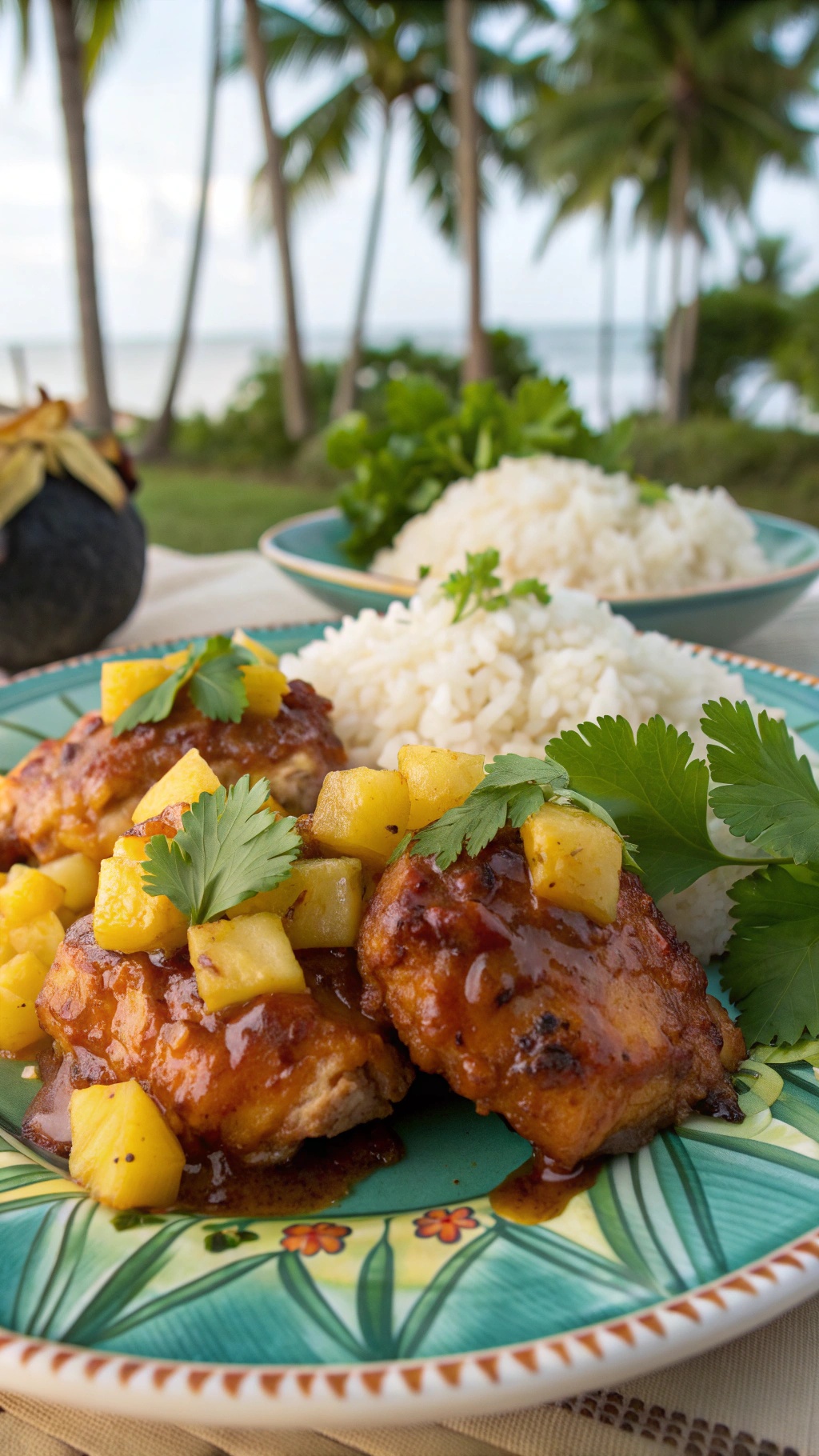 A plate of pineapple chicken thighs served with rice, garnished with cilantro, set against a tropical backdrop.