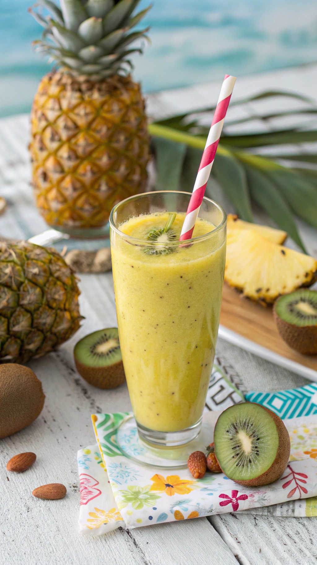 A refreshing tropical smoothie made with kiwi and pineapple, served in a tall glass with a striped straw, surrounded by fresh fruits.