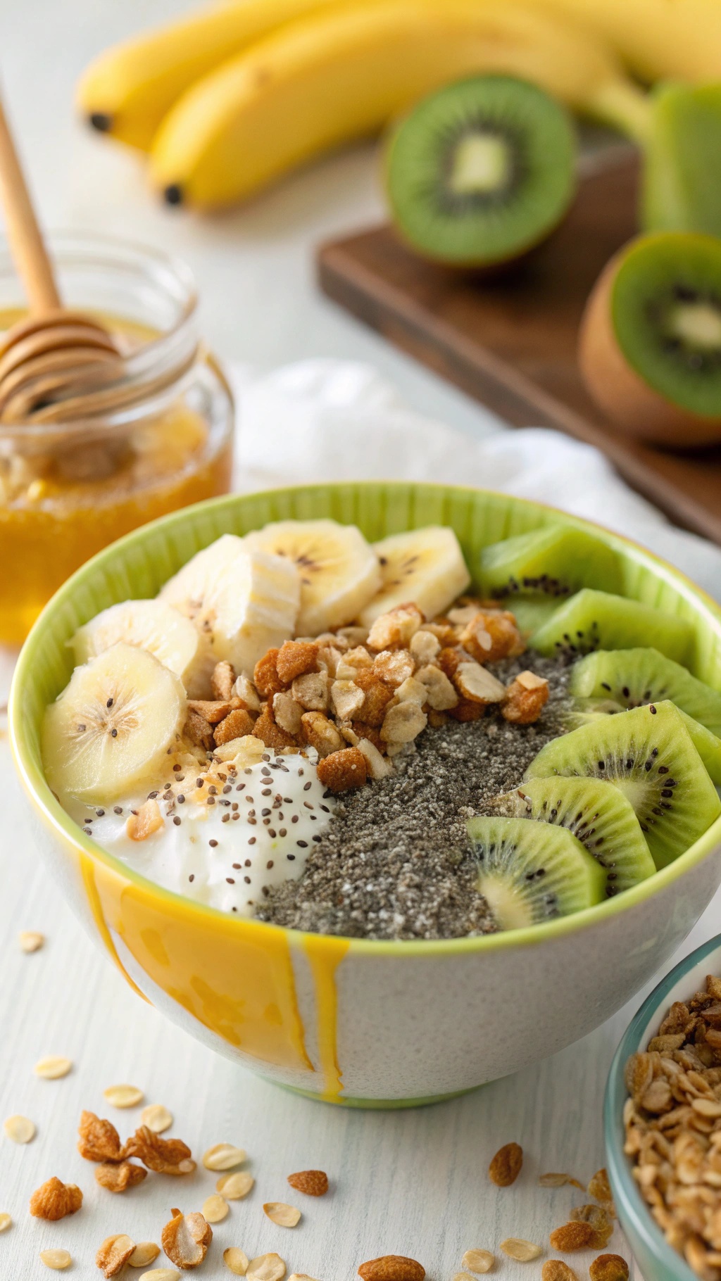 A colorful Tropical Kiwi Paradise Bowl with yogurt, banana, kiwi, chia seeds, and granola.