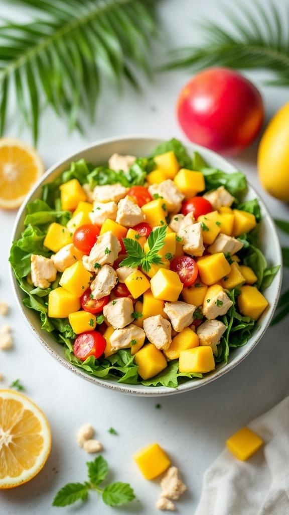 A colorful Tropical Mango Chicken Salad with diced chicken, mango, cherry tomatoes, and greens in a bowl.