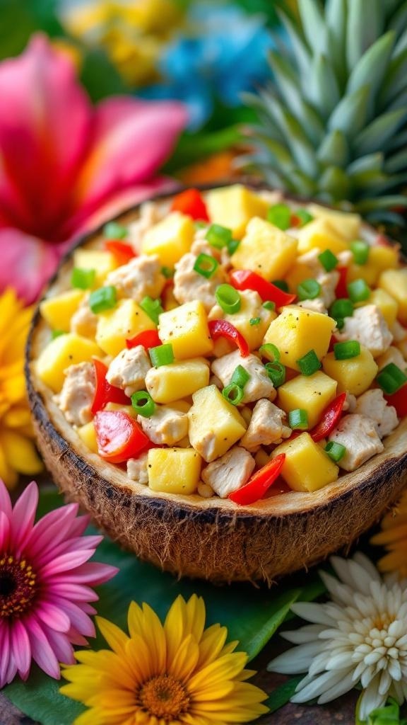 A colorful tropical pineapple chicken salad served in a coconut bowl, surrounded by vibrant flowers.