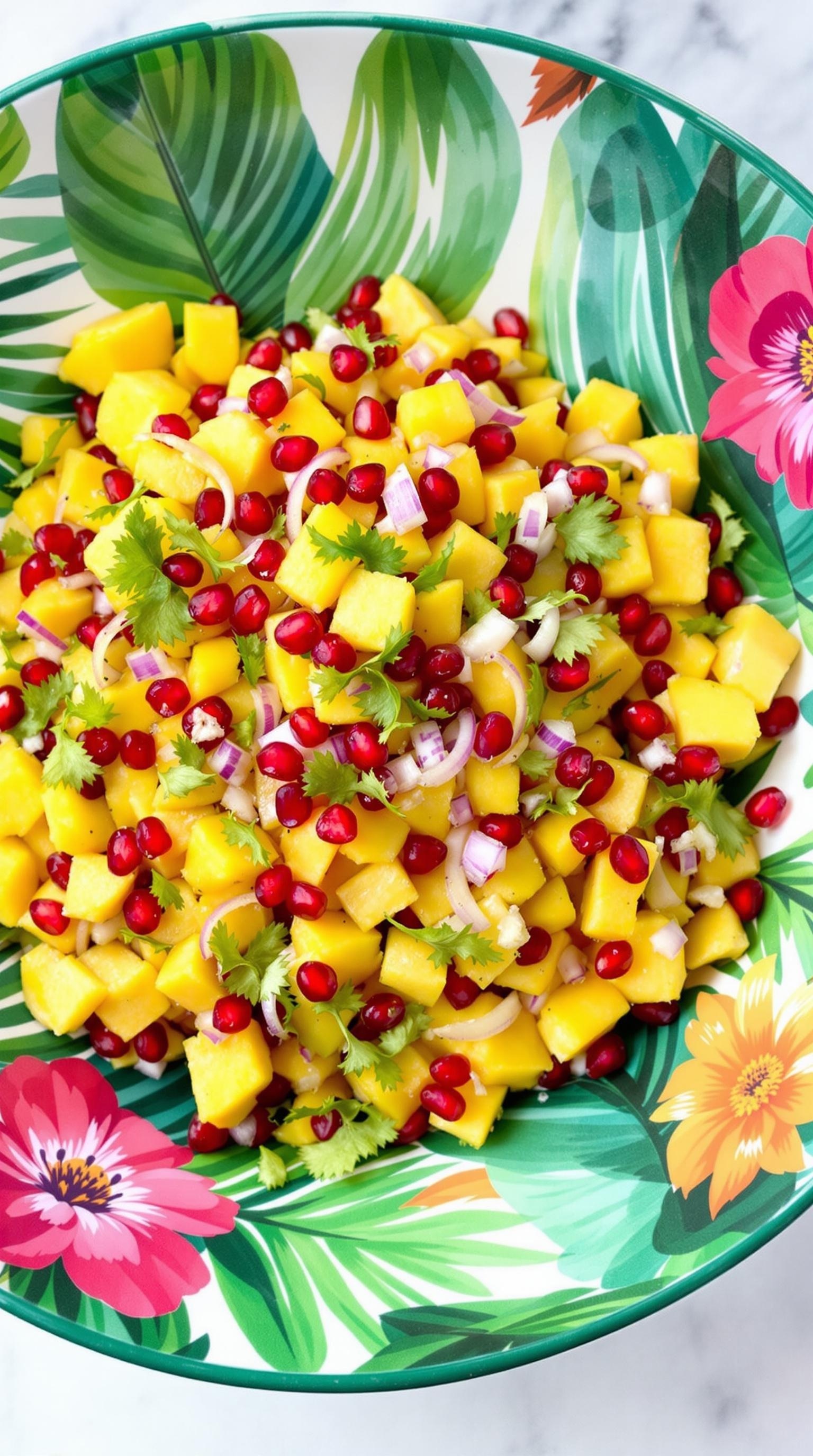 A colorful bowl of tropical pomegranate and mango salad with cilantro and red onion.