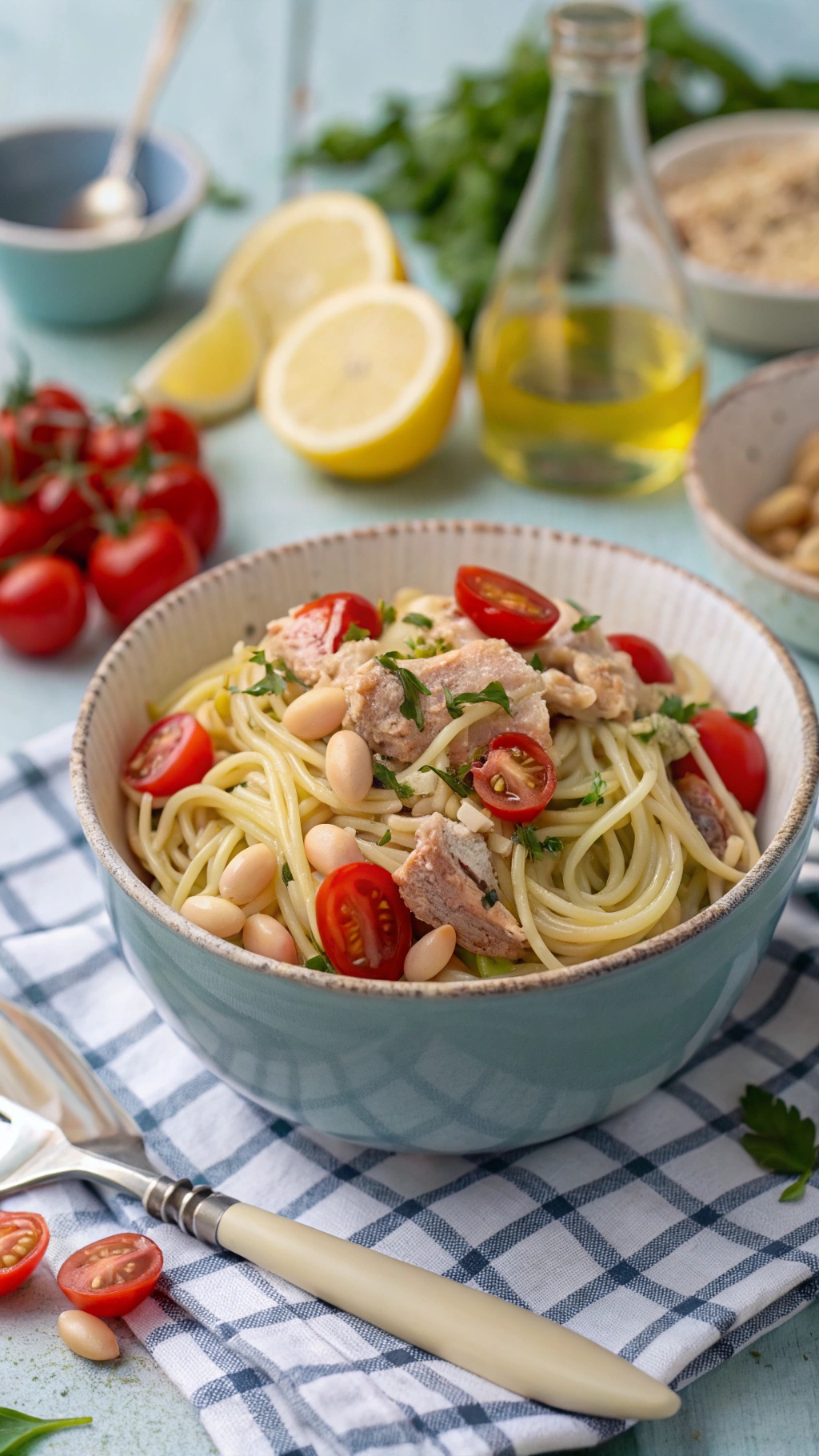 A bowl of Tuna and White Bean Spaghetti Salad with cherry tomatoes and herbs.
