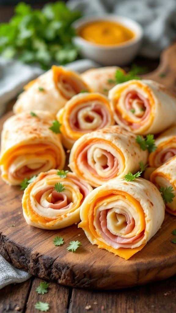 A wooden board with neatly arranged turkey and cheese roll-ups, garnished with fresh cilantro and a small bowl of mustard.