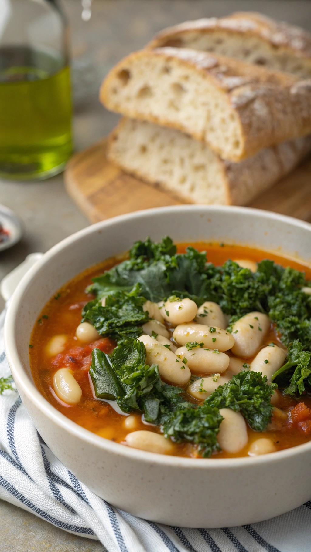 A bowl of Tuscan-Style White Bean and Kale Soup with crusty bread in the background.