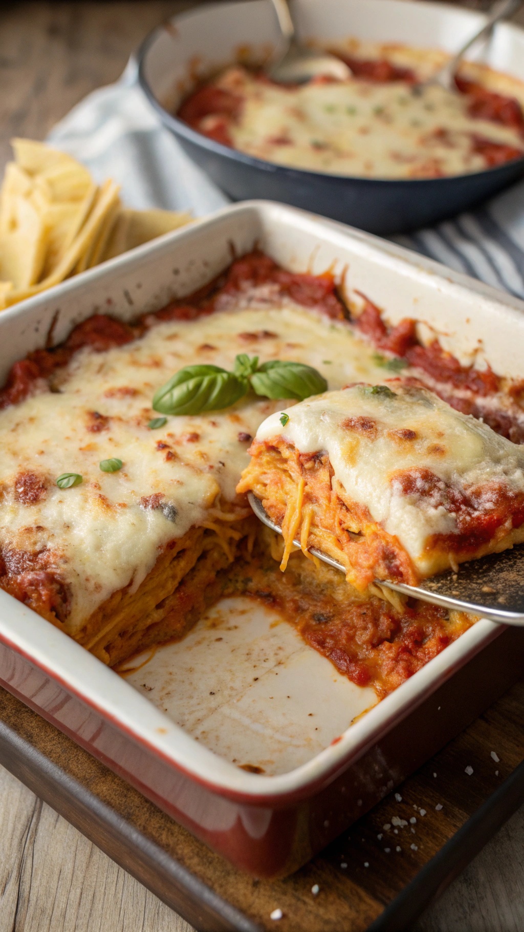A delicious spaghetti squash lasagna with layers of cheese and sauce, served in a baking dish.
