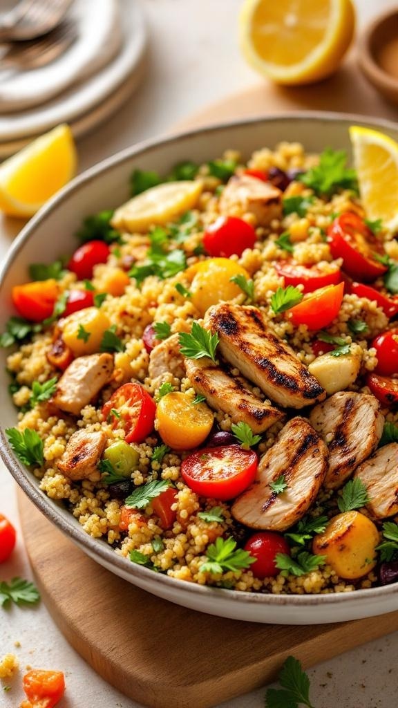 A colorful quinoa chicken salad with roasted vegetables, garnished with parsley and lemon slices.