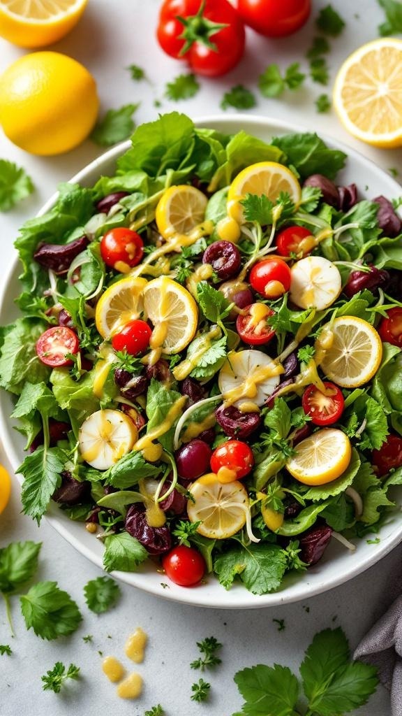 Fresh ingredients including lemons, tomatoes, and herbs arranged on a gray surface.